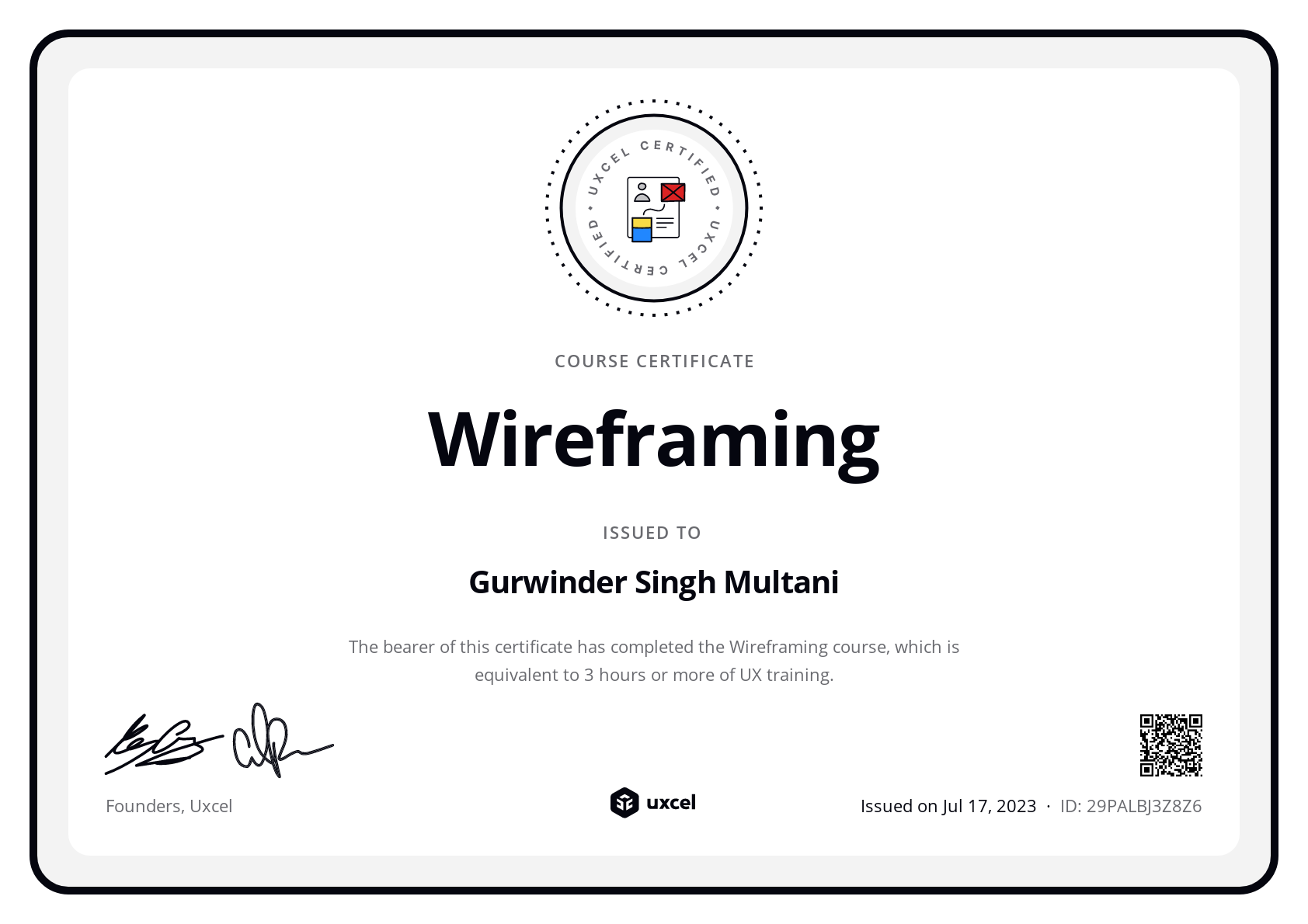 Gurwinder Singh Multani's certificate